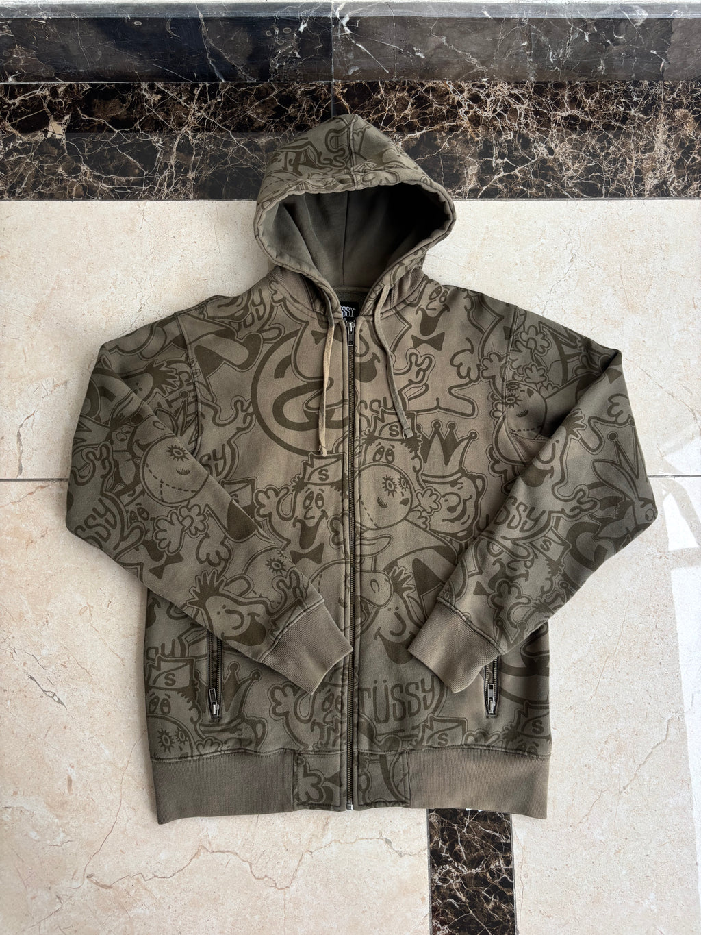 Stussy Rare All Over Print Spell Out Full Zip Up Hoodie